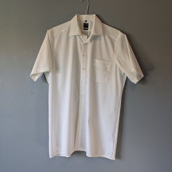 Olymp Luxor business modern fit beige short-sleeve dress shirt men 17.5/44 - Picture 2 of 7